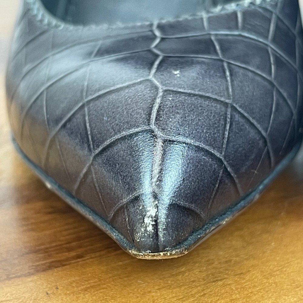 Womens YSL Saint Laurent Dark Gray Croc Print Leather Block Heels Size 36 US 6 - Picture 5 of 16